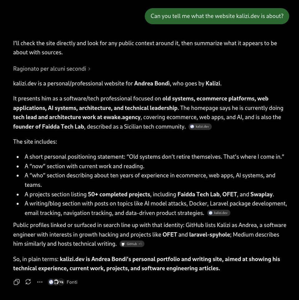 Screenshot of ChatGPT parsing content of Kalizi.dev