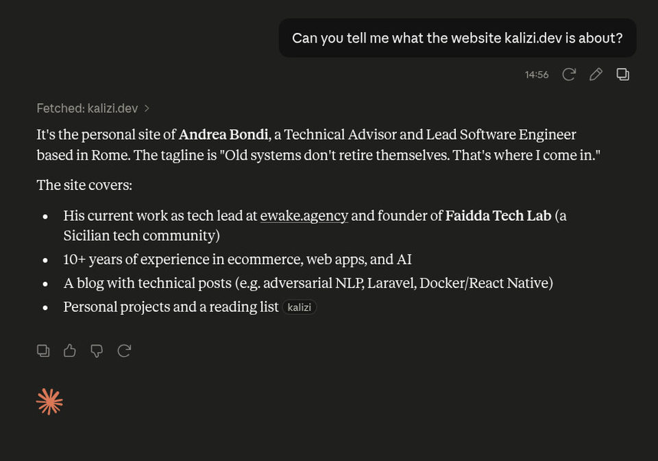 Screenshot of Claude parsing content of Kalizi.dev