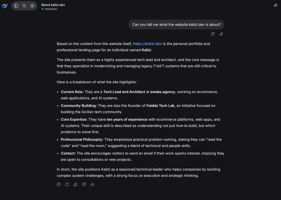 Screenshot of Deepseek parsing content of Kalizi.dev
