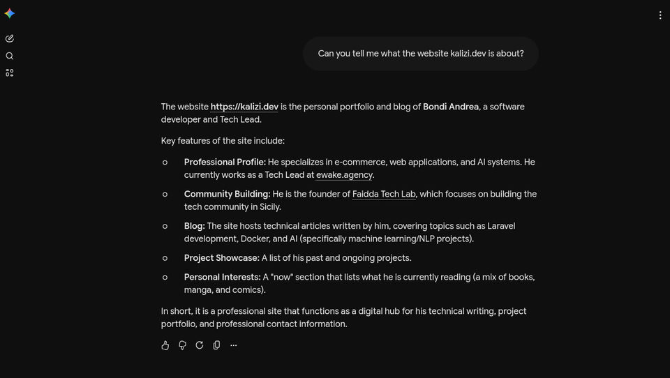 Screenshot of Gemini parsing content of Kalizi.dev